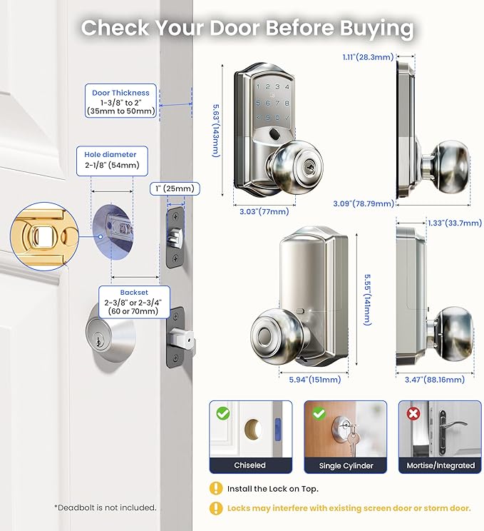 Veise VE028 Built-in Wi-Fi Smart Lock with Knob, Fingerprint Keyless Entry with Handle, App Remote & Voice Control, Electronic Digital Keypad for Front Door and Bedroom, IP65 Waterproof, Satin Nickel