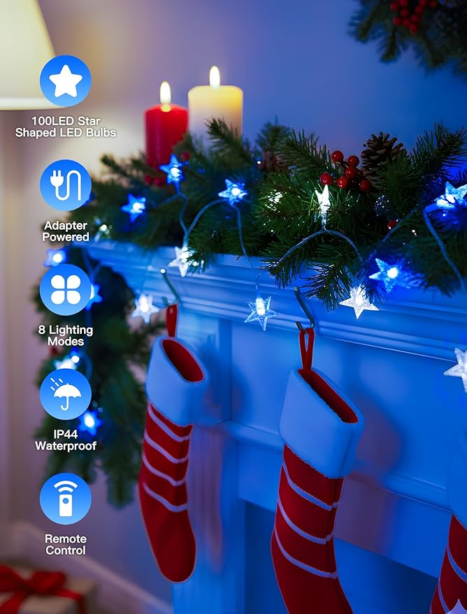 Star String Lights Plug in,33ft 100LED Fairy Lights with Remote, Hanging Star Decorations Lights Waterproof for Indoor Outdoor Bedroom Classroom Dorm Kids Tent Party Decor,Blue White