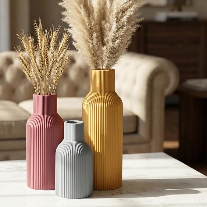 Ceramic Vase Set of 3, Modern Ribbed Boho Vases for Home Decor, Assorted Sizes Decorative Flower Vases for Pampas Grass, Dried Flowers,Shelf, Table Centerpiece