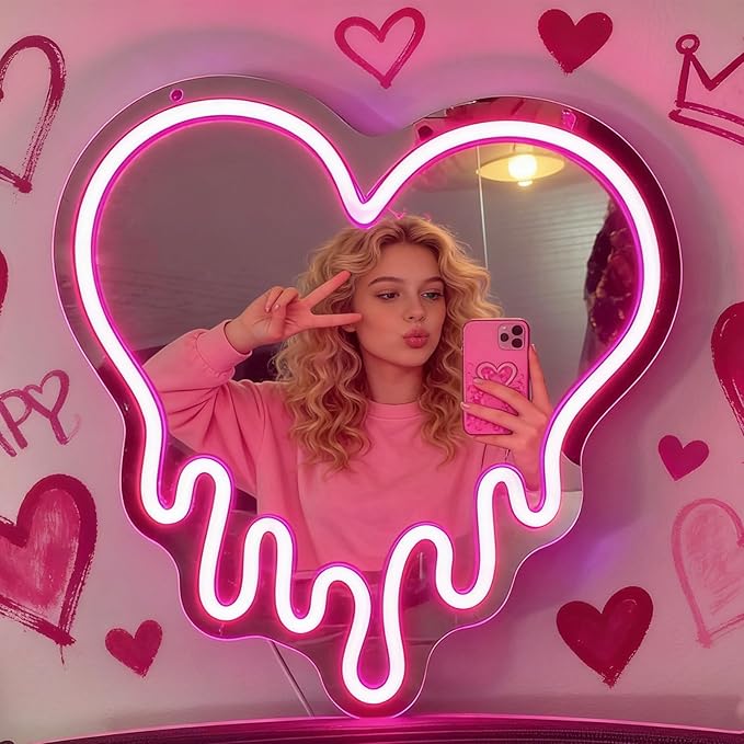 Y2K Pink Heart Neon Sign, Melting Heart Neon Mirror Light, Heart vanity mirror with lights, Love Shaped LED Wall Decor for Bedroom, Girls Room,Studio, Party, Wedding, Gift for Valentine's Day, Birthday, Anniversary