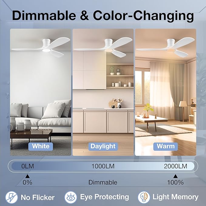 52in Smart Low Profile Ceiling Fans with Lights Remote,Quiet DC Motor,Outdoor Indoor Flush Mount Ceiling Fan,Control with WIFI Alexa App,Dimmable,6-speed,3 White Wood blades,for Modern Bedroom Patio
