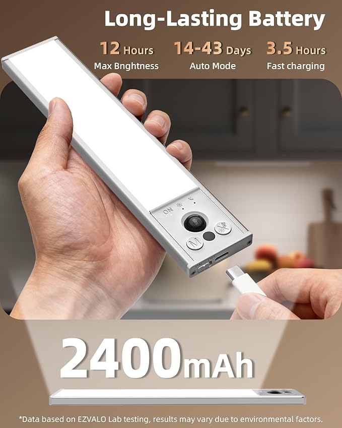 EZVALO 4-Pack Under Cabinet Lights, 2400mAh Rechargeable Motion Sensor Light Indoor, Wireless Closet Lights Battery Operated, with 3 Color Temps, Dimmable, Magnetic, for Kitchen, Stair, Pantry(8inch)