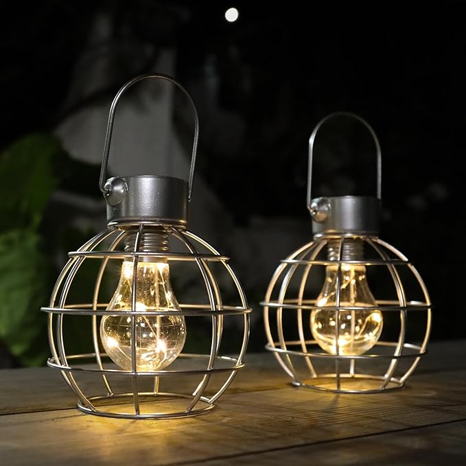 MUMTOP 2 Pack Solar Lanterns Outdoor Lights, Metal Solar Outdoor Lantern Waterproof Decorative Hanging Light for Yard Lawn Porch Garden Patio Pathway Decor, Grey