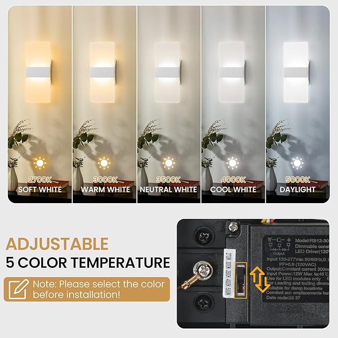 Modern LED Wall Sconce, 5CCT Dimmable Brushed Nickel Wall Lights, 12W 800LM 2700K-5000K Adjustable, Hardwired Indoor Up and Down Acrylic Wall Light Lighting for Living Room Bedroom Hallway, ETL
