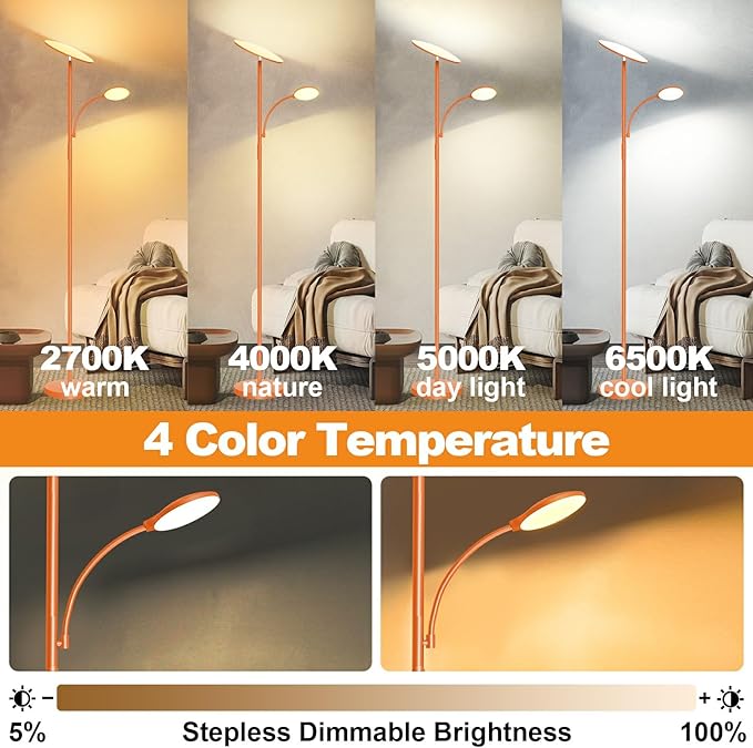 Orange Floor Lamps for Living Room, 44W/4500LM Super Bright 2 in 1 LED Floor Lamp with Remote, Stepless Dimmable