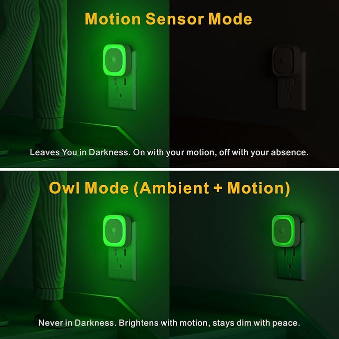 2 Pack Plug in Night Light with Motion Sensor & Dusk to Dawn Sensor, 3 Sensor Modes, Auto ON/Off, Owl Mode for Steady Low Light, Dimmable, Calming Green LED for Home Office, Hallway, Bathroom