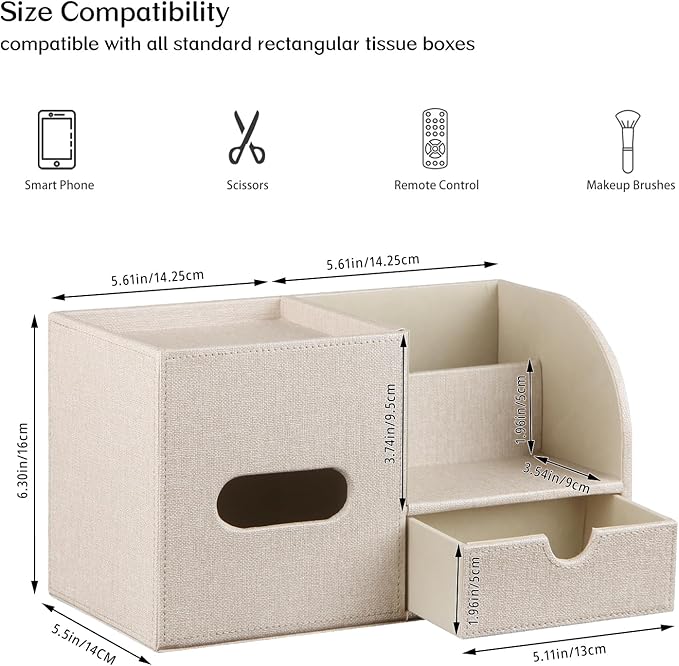 Fanousy Square Tissue Box Cover with Drawer Storage and Tray on Top, PU Leather Tissues Cube Boxes Holder, Modern Nightstand Organizer Caddy, Remote Control Holder for Bathroom, Bedside, Office, Home