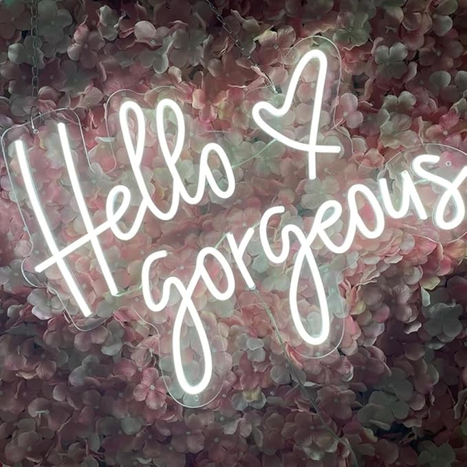 Hello Gorgeous Neon Sign,LED White Neon Hello Sign Decorative Art Lamp with Dimmable Switch Suitable for Home Wedding Birthday Backdrop Party,17x10In,Usb Powered(White Hello Gorgeous)
