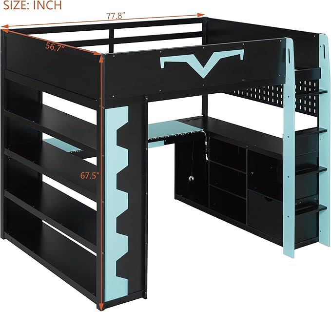 Full Size Gaming Loft Bed with Integrated Desk & RGB LED Lights,Bunk Bed with Power Outlet, Large Bookshelf, Pegboard, Keyboard Tray & Drawer (Blue-Bo, Full)