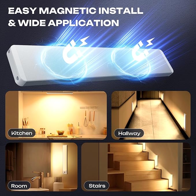 Under Cabinet Lighting Wireless LED Motion Sensor Magnetic Light 2200maAh Rechargeable Indoor Closet Lights for Kitchen, Stairs (2, Warm White, 10 Inch)