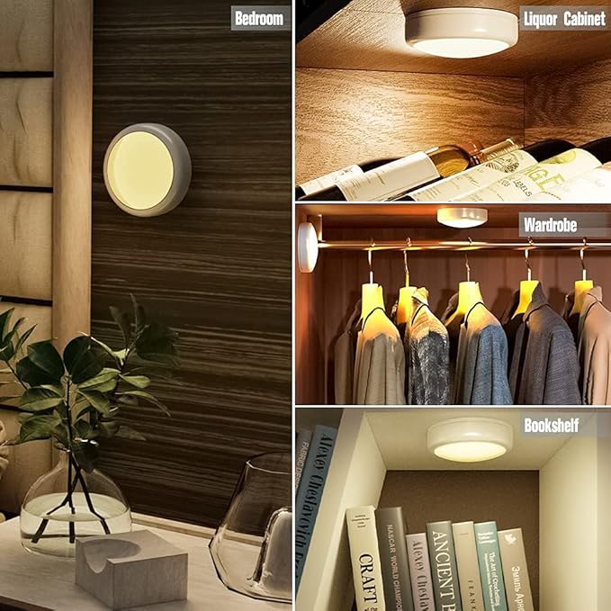 HELPLEX LED Puck Lights with Remote, 6 Pack Color Changing RGBW Stick-On Light, Battery Powered, Dimmable Under Cabinet Lighting with Timer & Memory, Wireless Push Lights for Kitchen & Closet