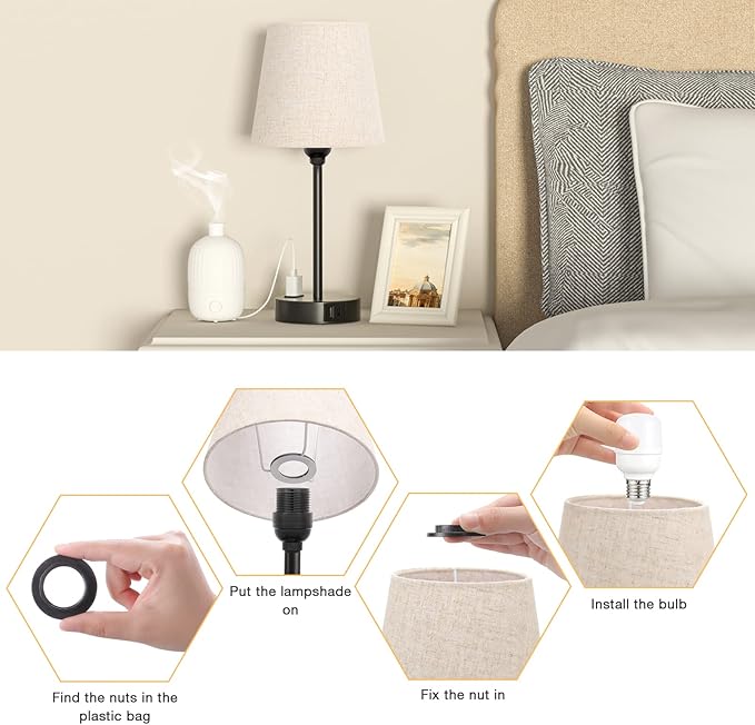 Mini Bedside Lamps for Bedrooms Set of 2 - Nightstand Bedroom Lamps with USB C Port and AC Outlet Charging, Dimmable Touch Small Bed Side Table Lamp, Black Night Stand Light for Kids/Guest Room