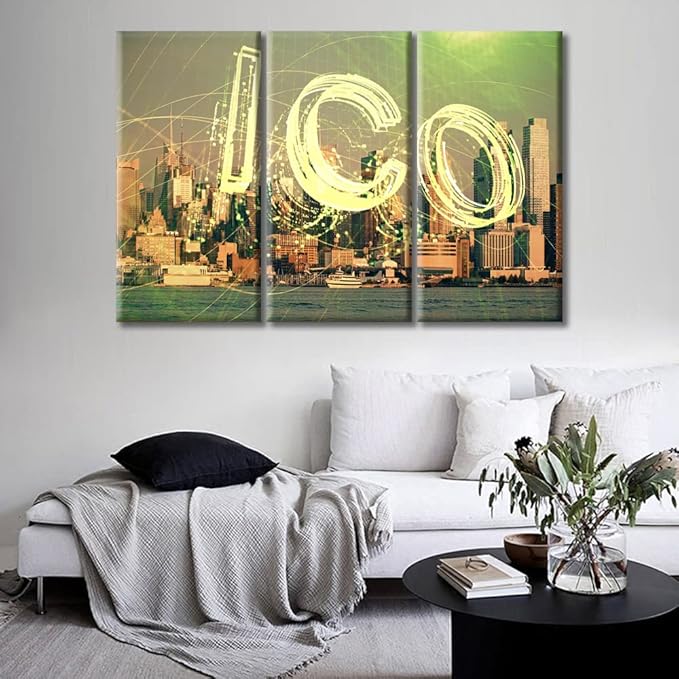 City Veiw Background Crypto Currency Theme Pictures Wall Decor Posters and Prints 3 Panels Concept of Blockchain and Bitcoin Wall Decor for Bedroom Stretched and Framed Ready to Hang (42"Wx28"H)