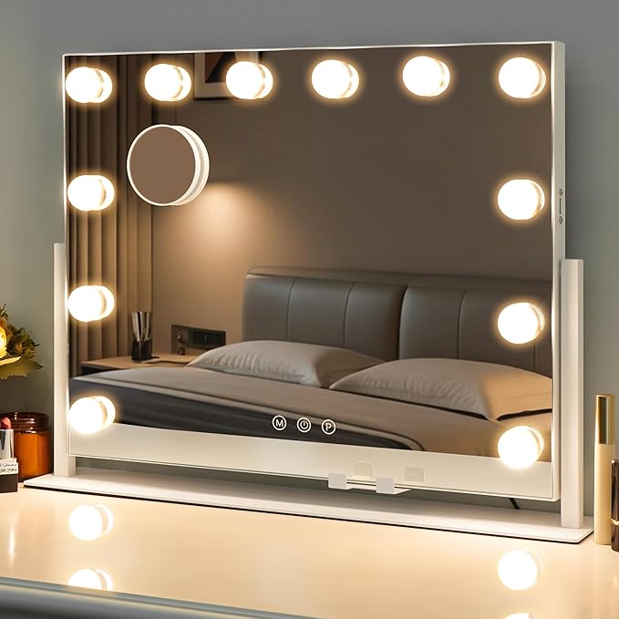 Vanity Mirror with Lights, Hollywood Lighted Makeup Mirror with 12 Dimmable LED Bulbs for Dressing Room & Bedroom, 3 Light Modes，Slim Metal Frame Design, AC-Powered, White