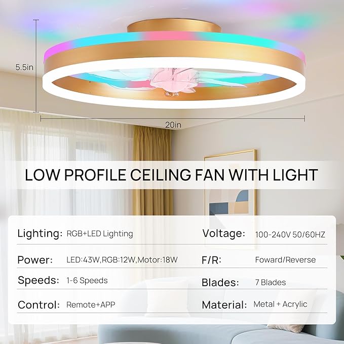RGB Ceiling Fans with Lights, 20" Fandelier Low Profile Ceiling Fan with Light, Modern Flush Mount Ceiling Fan Light with Remote/APP Control, Bedroom Chandelier Fan Fixture for Indoor(Gold)