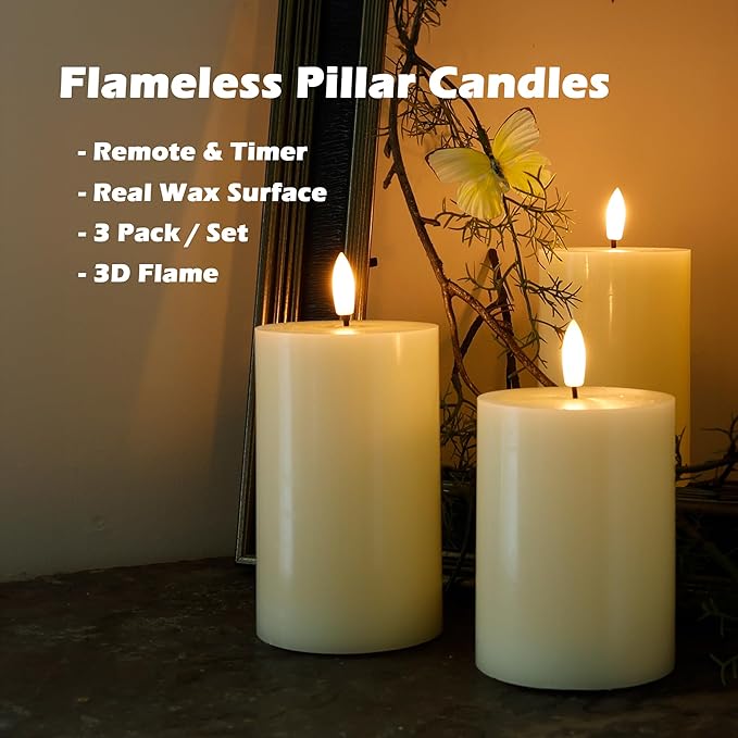Flameless Pillar Candles with Remote, 3 Pack Battery Operated Real Wax LED Candles, Perfect for Home Decorations Fireplace Table, Ivory