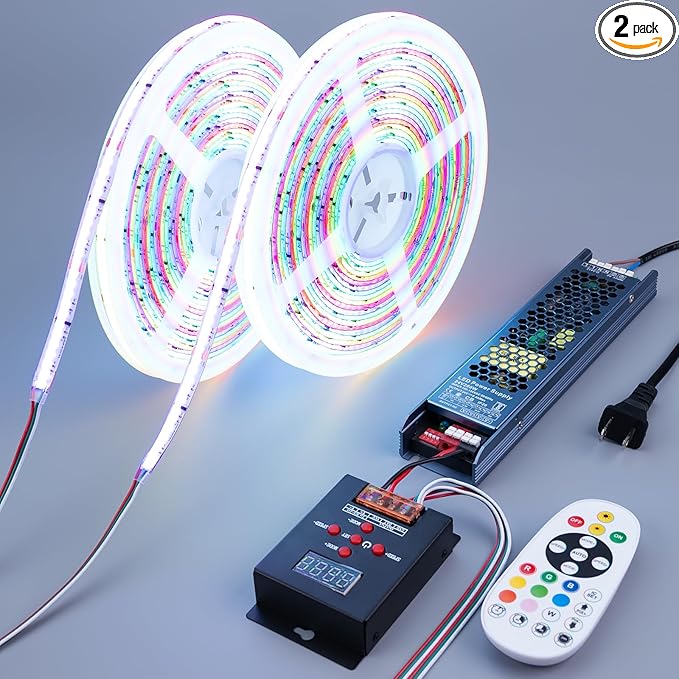 24V WS2811 RGB+IC COB LED Strip Lights 65.6ft (2 Rolls of 32.8ft), Chasing LED Light Strip with 338 Remote Controller Models and Power Supply for Bedroom, Living Room, Gaming, Parties