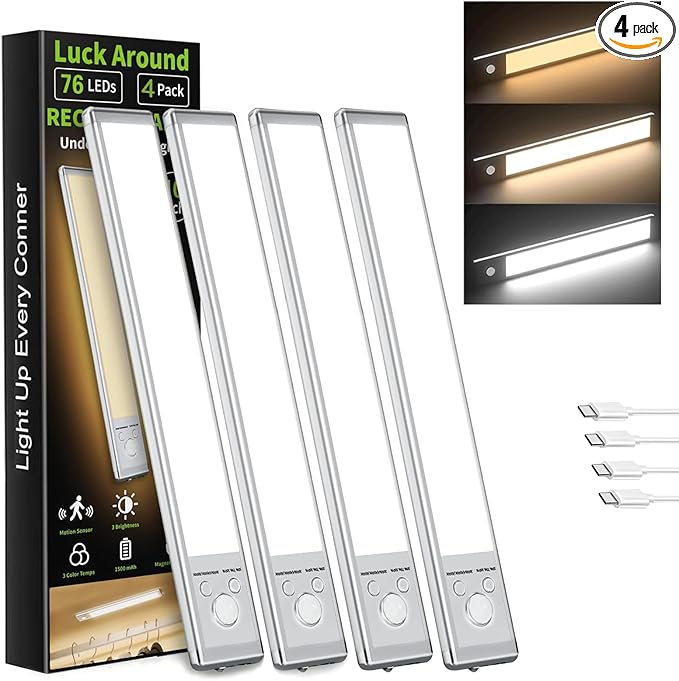 4 Pack Under Cabinet Lighting, Rechargeable Motion Sensor Light Indoor