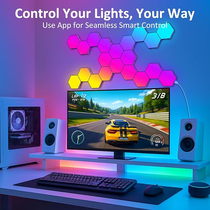 12 Pack Hexagon LED Wall Light Panels – RGB Smart Lights with APP & Remote, Music Sync Honeycomb Design – Modular Gaming Wall Decor for Bedroom, Kids Room, and Living Room
