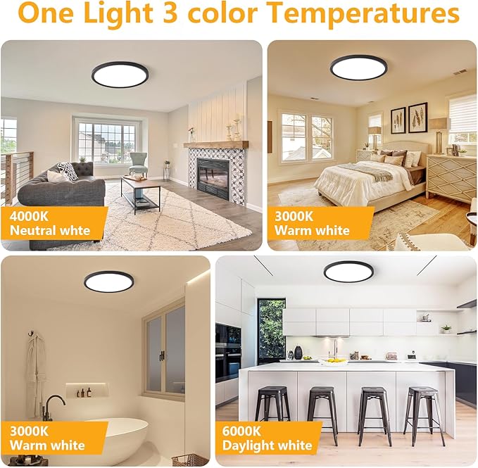 Led Flush Mount Ceiling Light,9 Inch 18w 1860lm,3000k/4000k/6000k 3CCT Selectable, Round Modern Flat Panel Super Slim Led Ceiling Light,for Living Dining Kitchen Bedroom Room (4Pack-Black)