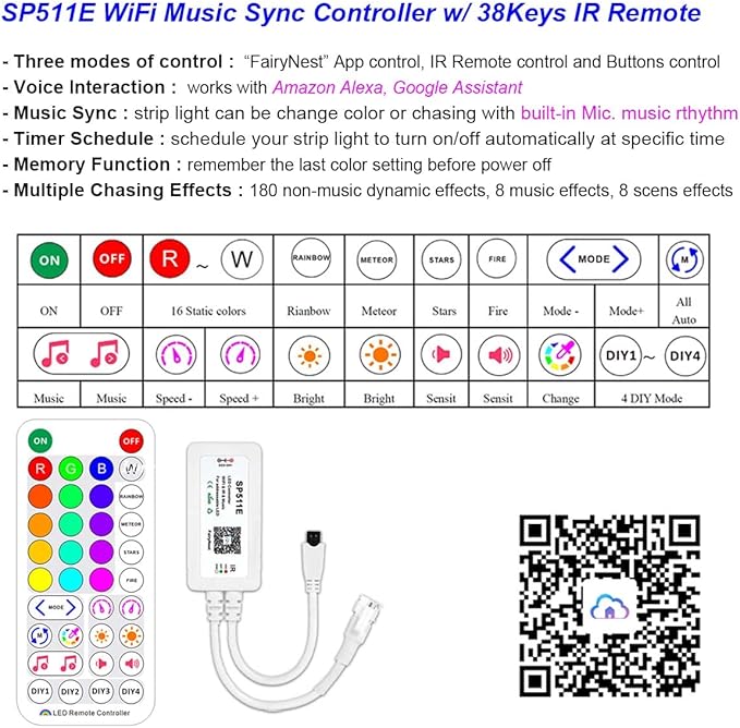 30FT 12V Indoor Chasing Effect LED Strip Light, Pixel Addressable WS2811 RGB LED Strip Light Kit with WiFi Music Sync Controller for Dining/Liveing Room, Kitchen
