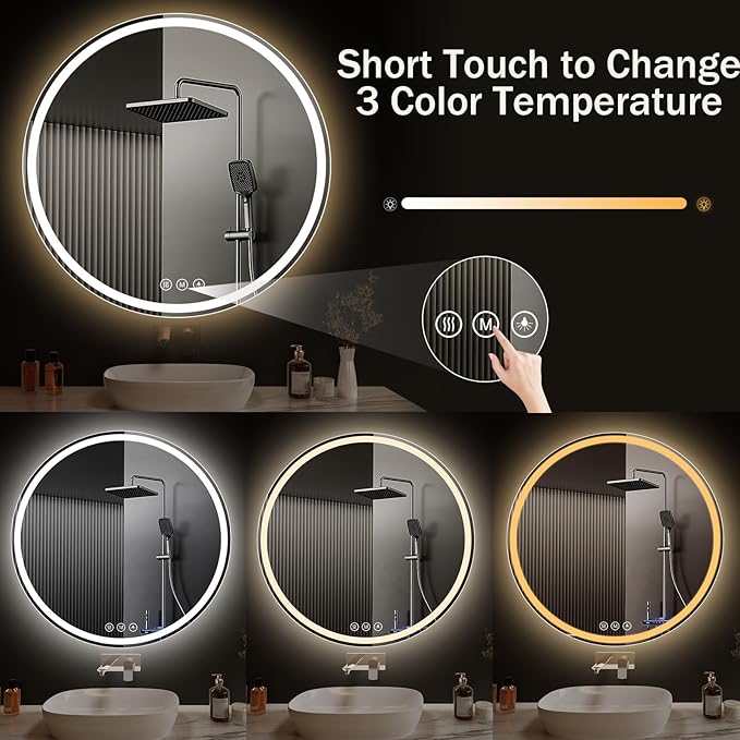 LED Bathroom Mirror 32 Inch Round Bathroom Mirror with Lights, Circle Wall Mirror with 3 Colors Brightness, Anti-Fog for Bathroom Vanity, Entryway Living Room