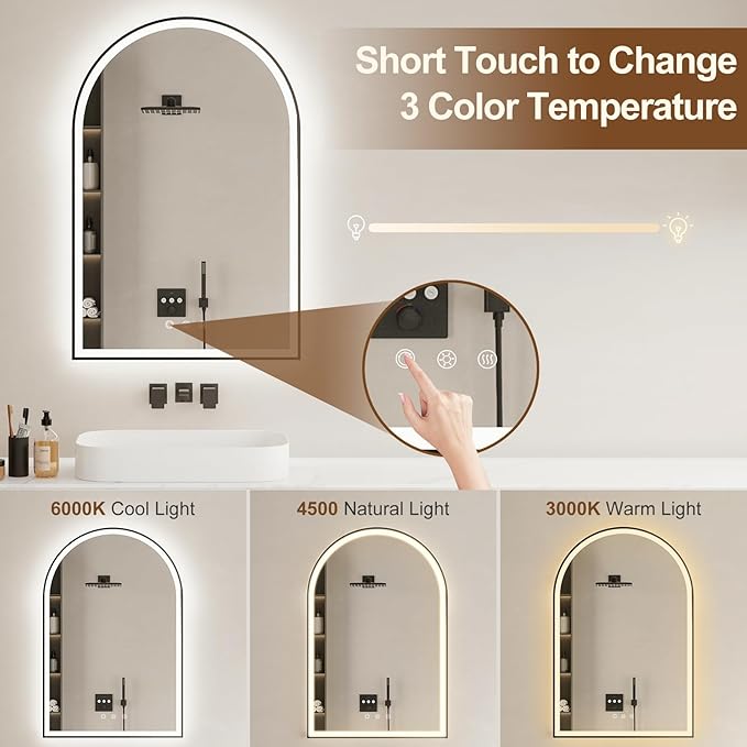 Arched LED Bathroom Mirror 24"x36", Black Bathroom Mirror with Lights-Anti-Fog, Dimmable-LED Mirror for Bathroom,3 Colors
