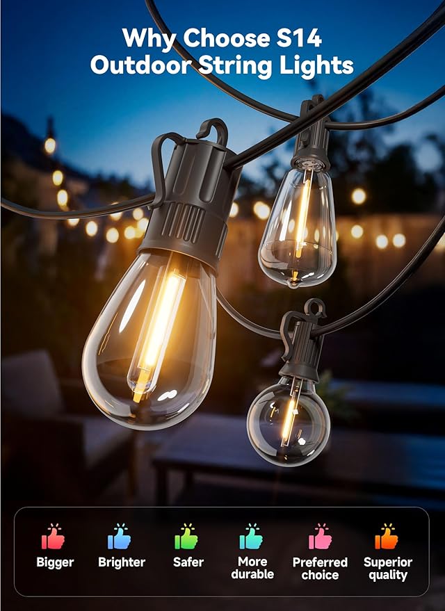 Minetom 53FT Outdoor String LED Patio Lights Waterproof, 16 Shatterproof S14 Vintage Edison Bulbs,Commercial Grade Outside Hanging Lights Waterproof for Porch Deck Garden Backyard Balcony Cafe Bistro