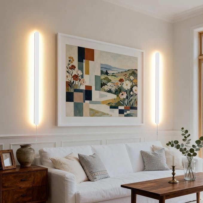 Modern Plug in Long Wall Sconce, 39.3" White Matte LED Wall Lights, 20W Warm White 3000K Acrylic Indoor Wall lamp, with 59" Plug Cable for Bedroom, Living Room, Hallway