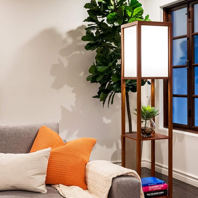 Brightech Maxwell - Modern Shelf Floor Lamp with Lamp Shade & Warm White LED Bulb, Corner Display Floor Lamp with Shelves for Living Room, Bedroom, Nightstand Office, Home Decor Storage - Havana Brown