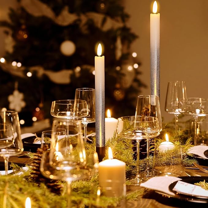Wondise Flameless Taper Candles with Remote & Timer, 9 Inch Real Wax Silver Battery Operated LED Flickering Candles for Christmas Thanksgiving Decorations