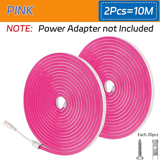 10M/32.8FT/2PC/ Pink LED Strip Lights with Installation Accessories - Waterproof Flexible Neon Rope Light for Indoor & Outdoor Use, [Adapter Not Included]