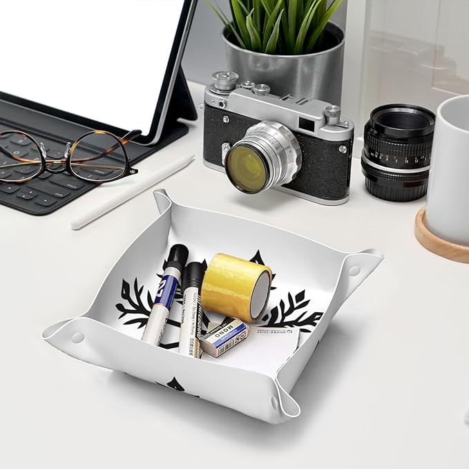 Snowflakes Simple Black Minimal Valet Tray Leather Desktop Storage Organizer Bedside for Jewelry Keys Coin Candy Sundries