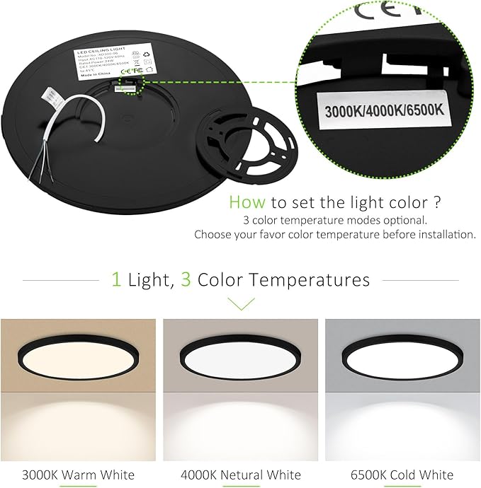 4 Pack LED Flush Mount Ceiling Light, 24W Ultra Thin Round White Lamp 3000K/4000K/6500K 3 Color Temperatures Adjusted 12 Inch Modern Ceiling Lights, Black, Wired