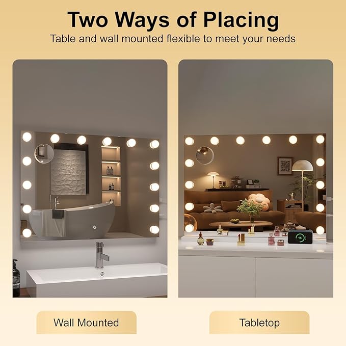Hasipu Hollywood Vanity Mirror with Lights and Bluetooth Speaker, 47" x 35" Makeup Mirror with 24 Dimmable LED Bulbs 3 Color Modes, 5X Magnifying Glass, Touch Control, USB and Type-C, Tempered Glass