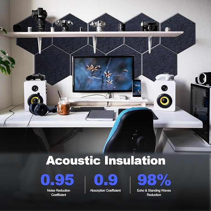 Mollywell Hexagon Acoustic Panels 14x12 - Reduce Echo & Reverb, Noise Blocking Wall Tiles for Study & Library, Ink Blue Sound Absorbing Panels