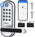 B04 Fingerprint Electronic Door Lock with Keypad and Handle – Keyless Entry Smart Door Lock, Remote APP Control, Code Unlock, Silver, Smart Locks for Front Door, Home, Office Use