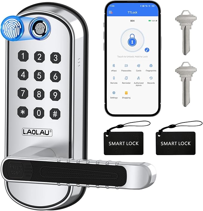 B04 Fingerprint Electronic Door Lock with Keypad and Handle – Keyless Entry Smart Door Lock, Remote APP Control, Code Unlock, Silver, Smart Locks for Front Door, Home, Office Use