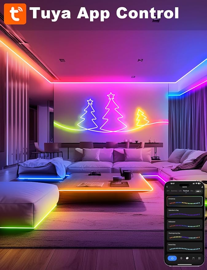 echosari Smart RGBIC LED Strip Lights, 33Ft Neon Rope Lights Work with Alexa and Google Assistant, Neon Strip Lights with Music Sync App/Remote Control, Multiple Modesfor Bedroom DIY Wall Decor