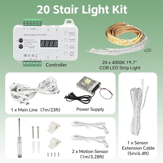 Indoor Motion Sensor Stair Light Wired Staircase Lighting with COB LED Light Strip Under Stair Cascading Running Stairwell Step Light for up to 20 Steps
