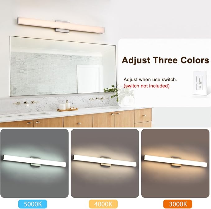 Brushed Nickel LED Vanity Light for Bathroom, 39.4-Inch 28W Anti-Fog Fixture Over Mirror, 3 Color Temp Adjustable