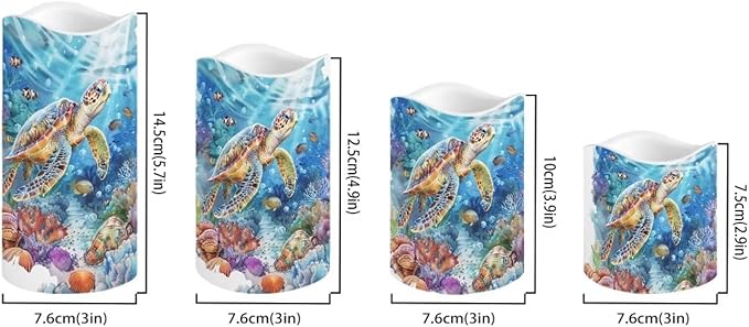 Sea Turtle Pillar Candles Bulk Led Flameless Battery Operated Candles with Timer Remote Color Changing Electric Fake Candles for House Warming Home Decorations Set of 4
