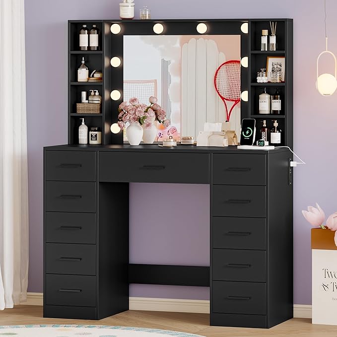 Makeup Vanity with Drawers, 43" Black Vanity Desk with Mirror and Lights, 11 Drawers & 4 Shelves, Power Outlet & Adjustable LED Lights, Dressing Table for Women & Girls Bedroom
