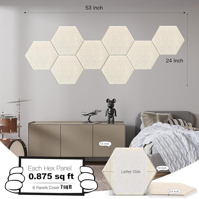 Mollywell Hexagon Acoustic Panels 14x12 - Reduce Echo & Reverb, Noise Blocking Wall Tiles for Living Room & Bedroom, Beige Sound Absorbing Panels