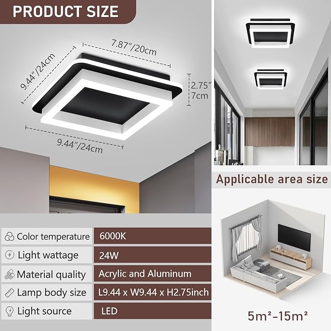 CANEOE 2 Packs Square Flush Mount Ceiling Light, 6000K Modern LED Ceiling Light Fixture, Minimalist Hallway Lighting Fixture Ceiling Lamp for Hallway Entryway Bedroom Balcony (Matte Black)
