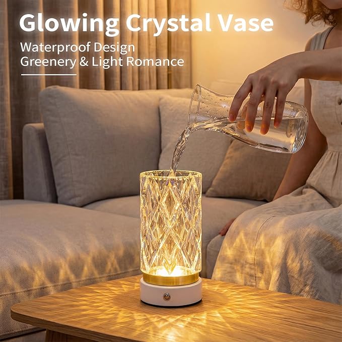 Crystal Table Lamp, Portable LED Bedside Lamp Touch Control, 3 Color Modes Dimmable, USB Rechargeable Night Light, Water Cup Design for Bedroom Living Room Home Decor