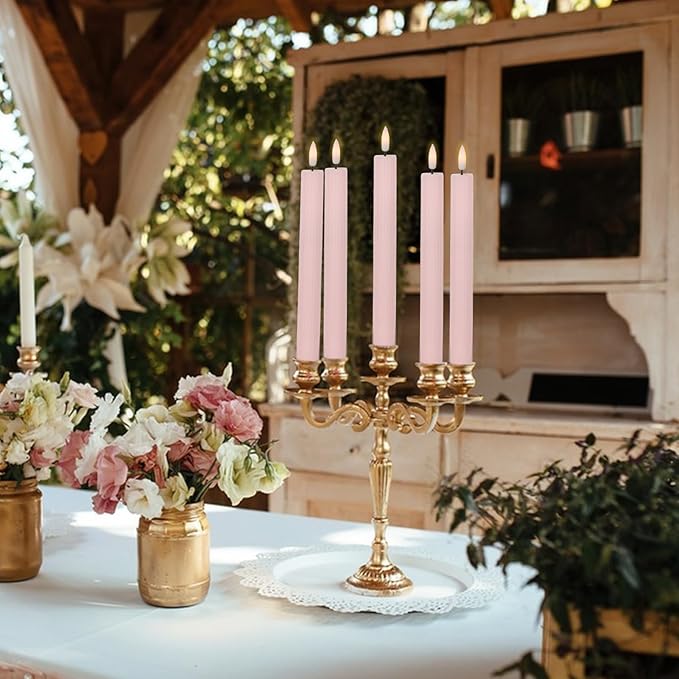 Spring Taper Candles Pastel Flameless Flickering with Remote Timer, Battery Operated Warm Light LED Candles Striped Real Wax Wedding Birthday Party Decor 6 Pack (0.78 X 9.45 Inchs)