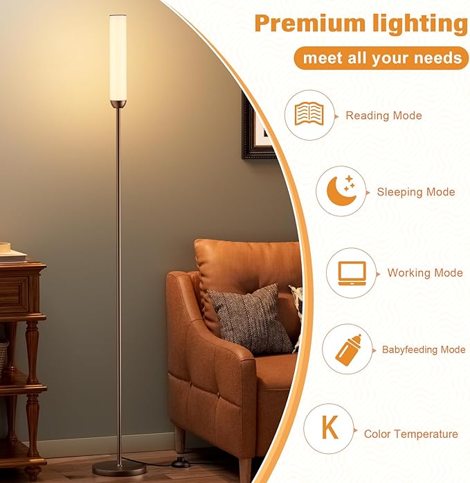 Ambimall LED Floor Lamp with Remote Control, 65" Standing lamp with Stepless Adjustable 3000K-6500K Colors & 30-100% Brightness, Foot Switch(Brown)
