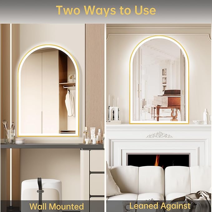 24"x36" Arched LED Mirror for Bathroom, Brushed Gold Lighted Bathroom Mirror with Lights, Fogless, Dimmable, Shatterproof, Touch Sensor, 3 Color Changing