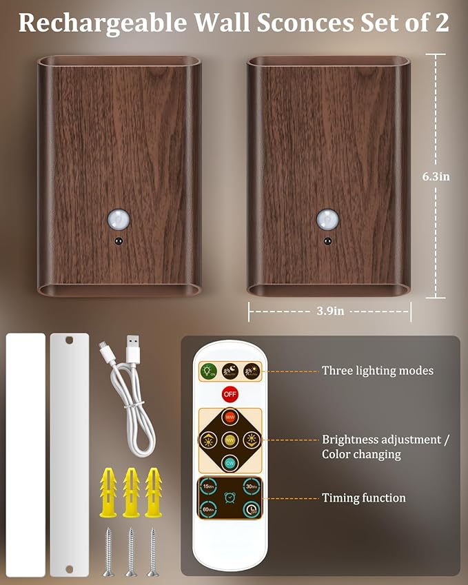 Motion Sensor Wireless Wall Sconce 2Pcs - Rechargeable Magnetic No-Drill, 3 Color Temp Dimmable Wireless Wall Light with Remote&Timer, Step Lights Indoor for Stair Bedroom Closet Hallway, Wood